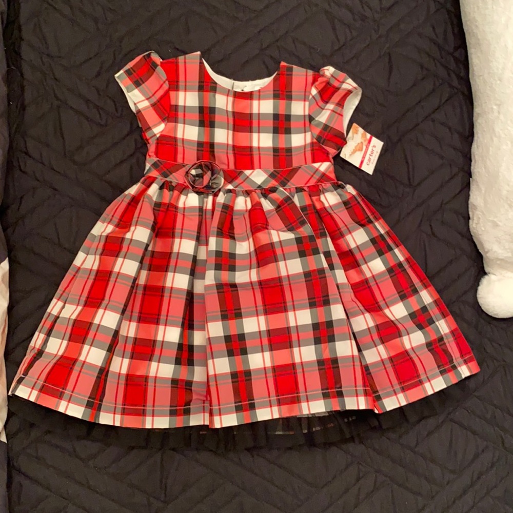 Carter’s 24M Red Plaid Sateen Dress w/ tulle ruff.